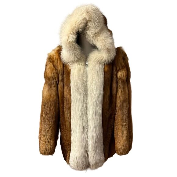 Handmade Jackets & Blazers - Red Fox Fur Parka Jacket White Fox Trim Size M Genuine Fur Womens Full Zip